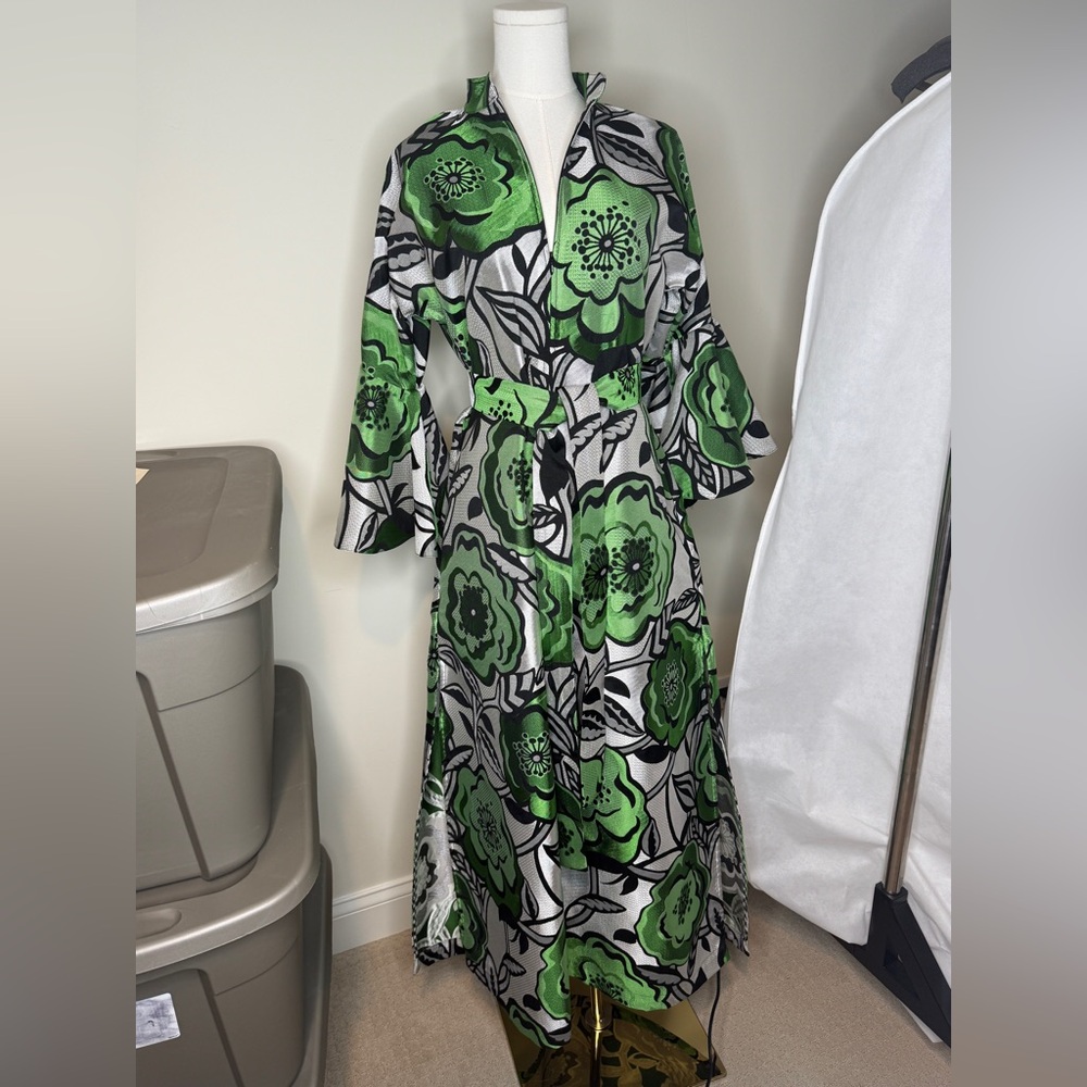 Tish Cox - Green Bell Sleeve Plunge Neck Resort Caftan